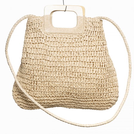 Genti Impletite - Geanta impletita crossbody, cu manere late din lemn, bej deschis