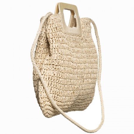 Geanta impletita crossbody, cu manere late din lemn, bej deschis [1]