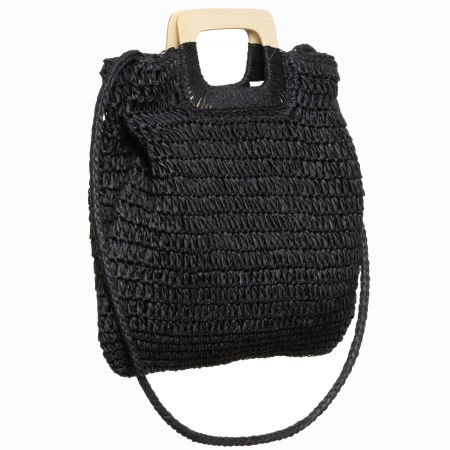 Geanta impletita crossbody, cu manere late din lemn, neagra [1]