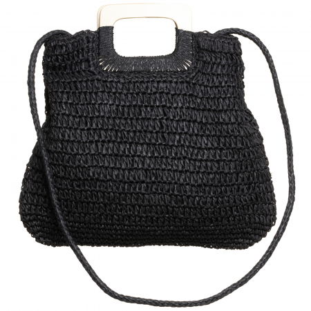 Genti Impletite - Geanta impletita crossbody, cu manere late din lemn, neagra