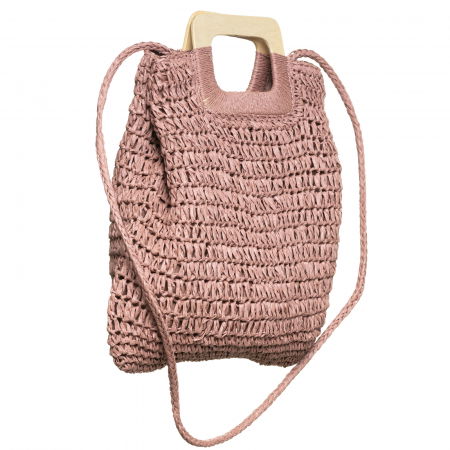 Geanta impletita crossbody, cu manere late din lemn, roz prafuit [1]