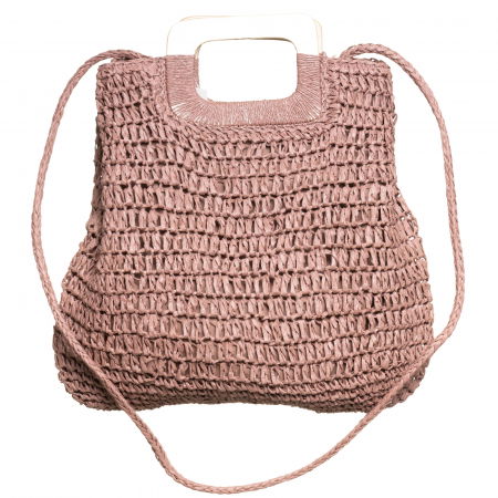 Genti Impletite - Geanta impletita crossbody, cu manere late din lemn, roz prafuit