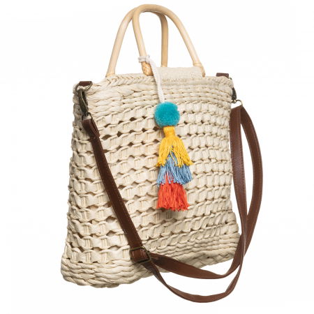 Geanta impletita tip cos cu manere subtiri din bambus si ciucuri multicolori, bej deschis [1]