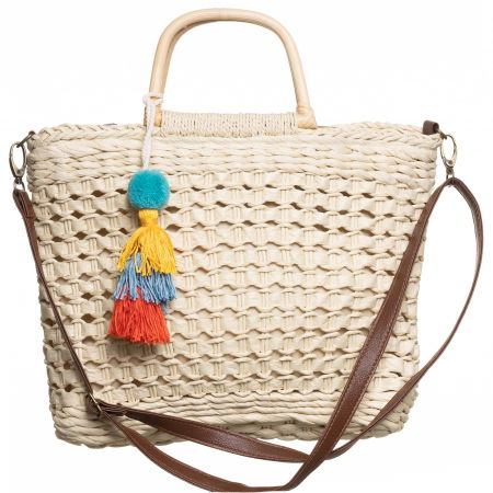 Genti Impletite - Geanta impletita tip cos cu manere subtiri din bambus si ciucuri multicolori, bej deschis