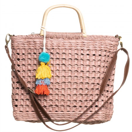 Genti Impletite - Geanta impletita tip cos cu manere subtiri din bambus si ciucuri multicolori, roz prafuit
