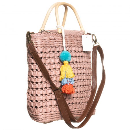 Geanta impletita tip cos cu manere subtiri din bambus si ciucuri multicolori, roz prafuit [1]