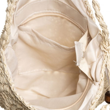 Geanta mica impletita crossbody, circulara cu ciucure decorativ, bej inchis [2]