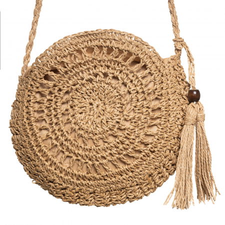 Genti Impletite - Geanta mica impletita crossbody, circulara cu ciucure decorativ, bej inchis