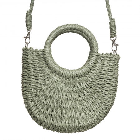 Genți - Geanta mica impletita crossbody, circulara cu manere rotunde, verde prafuit