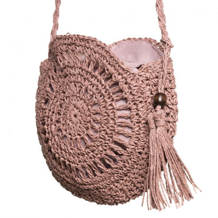 Geanta mica impletita crossbody, circulara cu ciucure decorativ, roz prafuit [1]