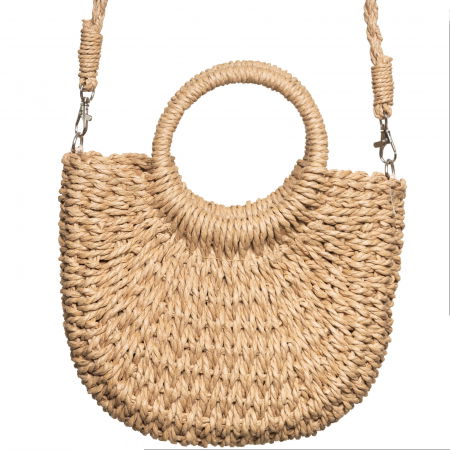 Genti Impletite - Geanta mica impletita crossbody, circulara cu manere rotunde, bej inchis