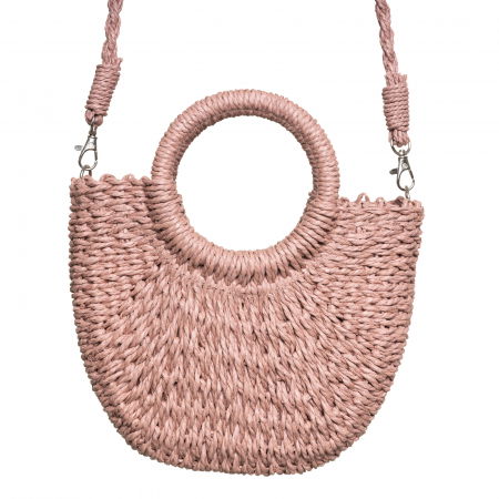 Geanta mica impletita crossbody, circulara cu manere rotunde, roz prafuit