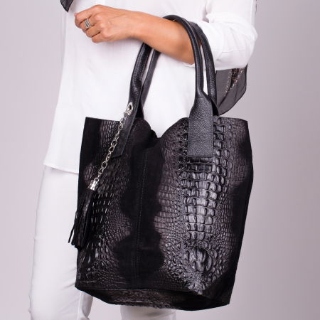 Genți - Geanta shopper neagra din piele intoarsa naturala