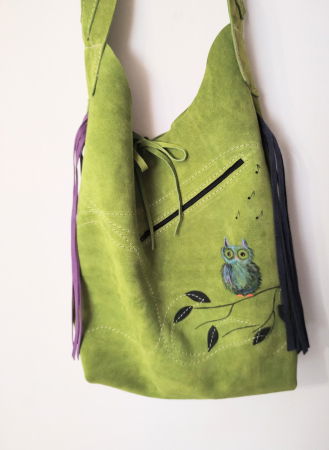 Genți si Plicuri Handmade din Piele - Geanta olive handmade ,cu bufnita colorata