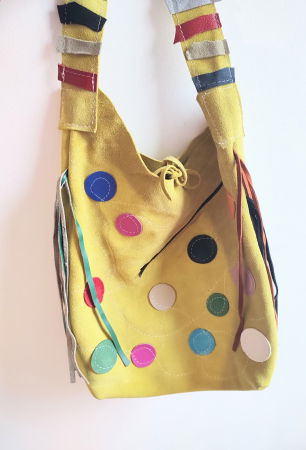 Genți - Geanta galbena handmade ,cu bulinute colorate ,unicat