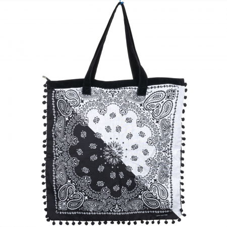 Genți din Material Textil - Geanta patrata de plaja din material textil, cu ciucuri pe trei laturi, alb si negru