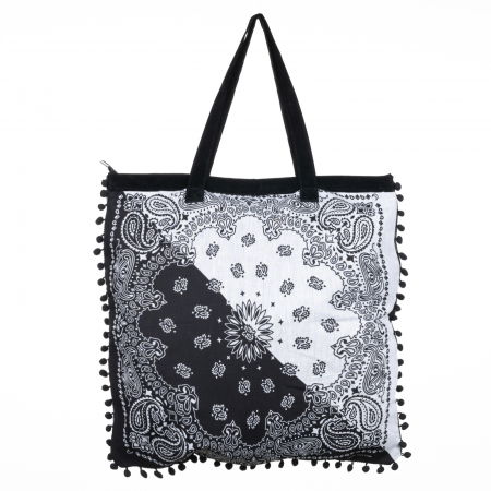 Geanta patrata de plaja din material textil, cu ciucuri pe trei laturi, alb si negru [1]