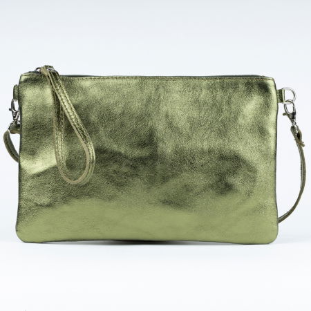 Genți din Piele Naturală - Geanta plic crossbody verde metalizat, din piele naturala