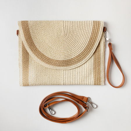 Geanta plic impletita crossbody, cu bareta de umar si de mana, bej deschis cu bej inchis [1]