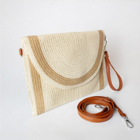 Genti Impletite - Geanta plic impletita crossbody, cu bareta de umar si de mana, bej deschis cu bej inchis