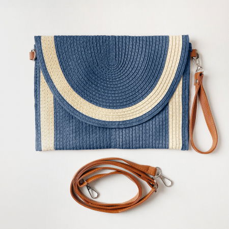 Geanta plic impletita crossbody, cu bareta de umar si de mana, bleumarin cu bej deschis [1]
