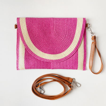 Geanta plic impletita crossbody, cu bareta de umar si de mana, fucsia cu bej [1]
