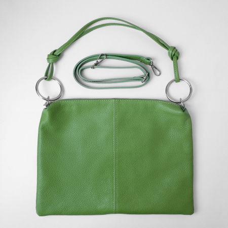 Genți din Piele Naturală - Geanta plic mare cu inele mari arginti  si doua barete, din piele naturala verde oliv