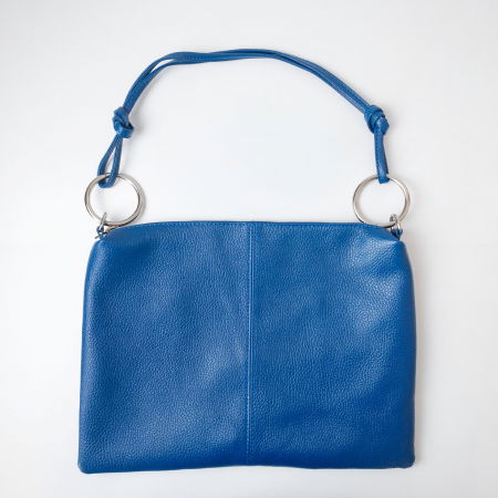 Genți din Piele Naturală - Geanta plic mare cu inele mari  arginti si doua barete, din piele naturala albastra
