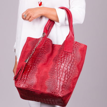 Genți din Piele Naturală - Geanta shopper rosie din piele intoarsa naturala