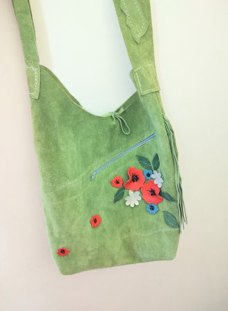 Genți si Plicuri Handmade - Geanta sac albastru electric,cu maci colorati ,din piele naturala