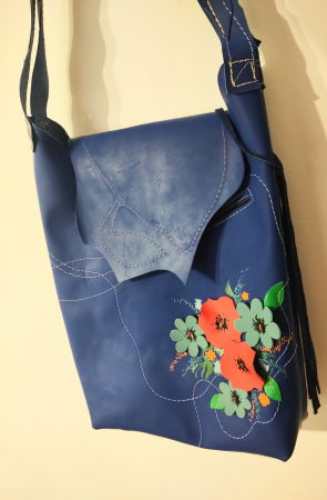 Geanta sac albastru electric,cu flori colorate ,din piele naturala [2]