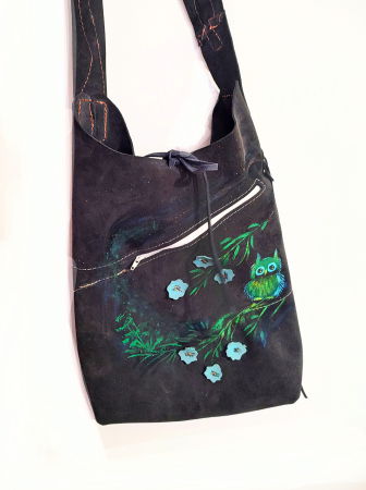 Genți de Damă - Geanta sac ,din piele naturala bleumarin intoarsa,cu bufnita pictata