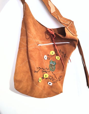 Geanta sac ,din piele naturala  camel intoarsa,cu bufnita pictata [1]