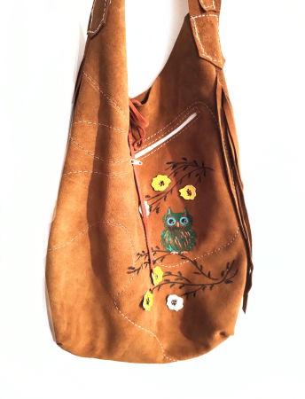 Genți si Plicuri Handmade - Geanta sac ,din piele naturala  camel intoarsa,cu bufnita pictata