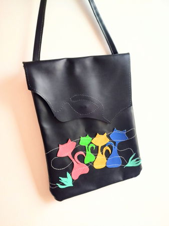 Genți si Plicuri Handmade din Piele - Geanta veselã din piele naturala neagrã  ,Dansul pisicuțelor