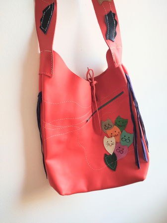 Geanta sac ,din piele naturala roșie ,cu pisicuțe [1]