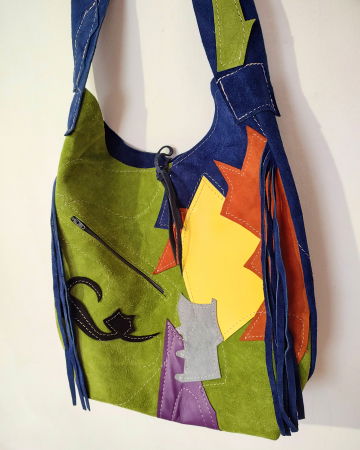 Genți si Plicuri Handmade din Piele - Geanta sac multicolora  ,din piele naturala ,cu pisicuță