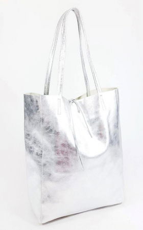 Geanta shopper argintiu metalizat din piele naturala