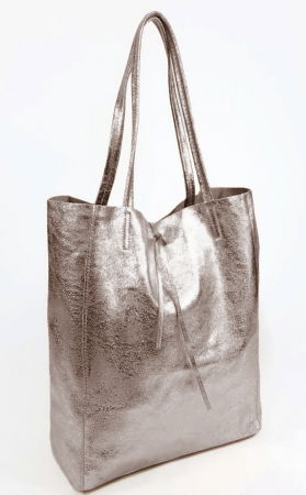 Genți din Piele Naturală - Geanta shopper argintiu inchis metalizat din piele naturala