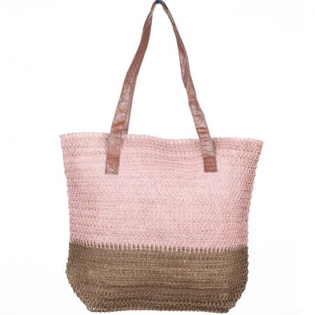 Genti Impletite - Geanta shopper bicolora impletita, maron si roz inchis