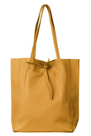 Genți din Piele Naturală - Geanta shopper mustar din piele naturala, cu fermoar