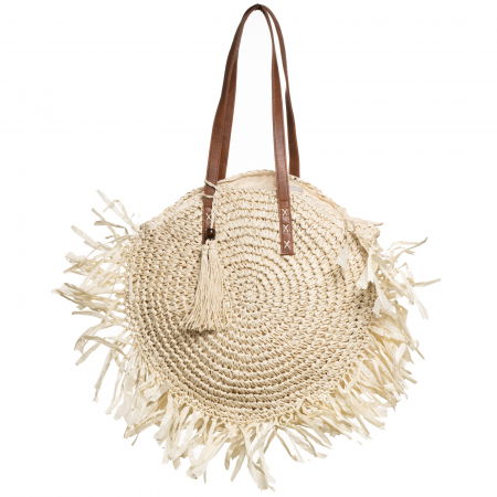 Genti Impletite - Geanta shopper circulara mare impletita, cu franjuri mari decorativi, bej deschis