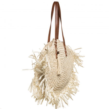 Geanta shopper circulara mare impletita, cu franjuri mari decorativi, bej deschis [1]