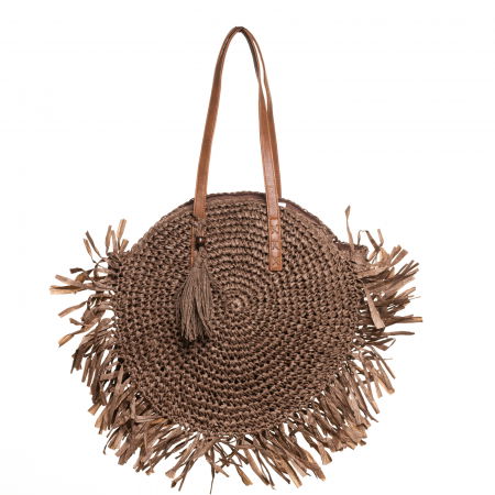 Genți - Geanta shopper circulara mare impletita, cu franjuri mari decorativi, maro