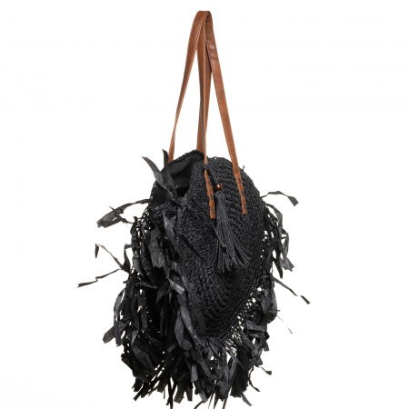 Geanta shopper circulara mare impletita, cu franjuri mari decorativi, neagra [1]