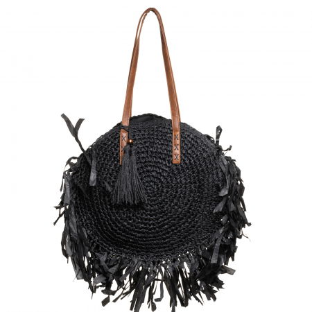Genți - Geanta shopper circulara mare impletita, cu franjuri mari decorativi, neagra