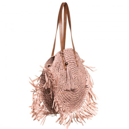 Geanta shopper circulara mare impletita, cu franjuri mari decorativi, roz prafuit [1]