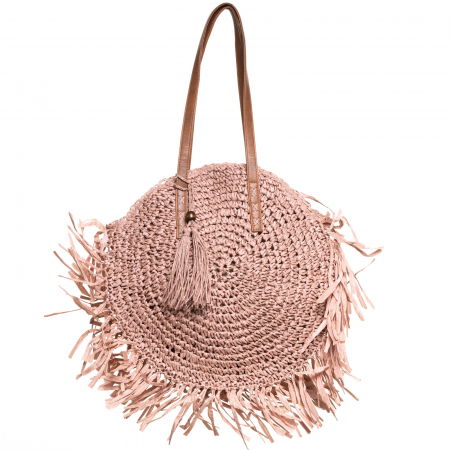 Genti Impletite - Geanta shopper circulara mare impletita, cu franjuri mari decorativi, roz prafuit