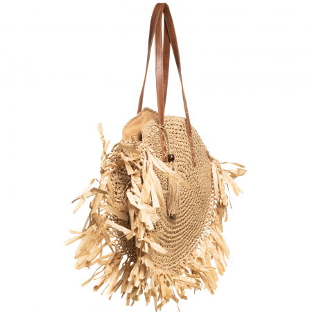 Geanta shopper circulara mare impletita, cu franjuri mari decorativi, bej inchis [1]