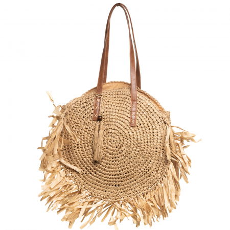Genti Impletite - Geanta shopper circulara mare impletita, cu franjuri mari decorativi, bej inchis